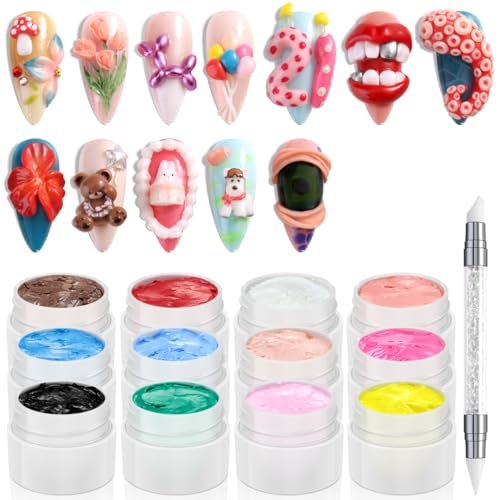 Fcozpjk 3D Sculpture Gel Kit - 12 Colors Non-Sticky Hand Builder Nail Gel with Silicone Carving Pen for Nail Art Flowers Modeling, Manicure Salon Supplies Avelisse