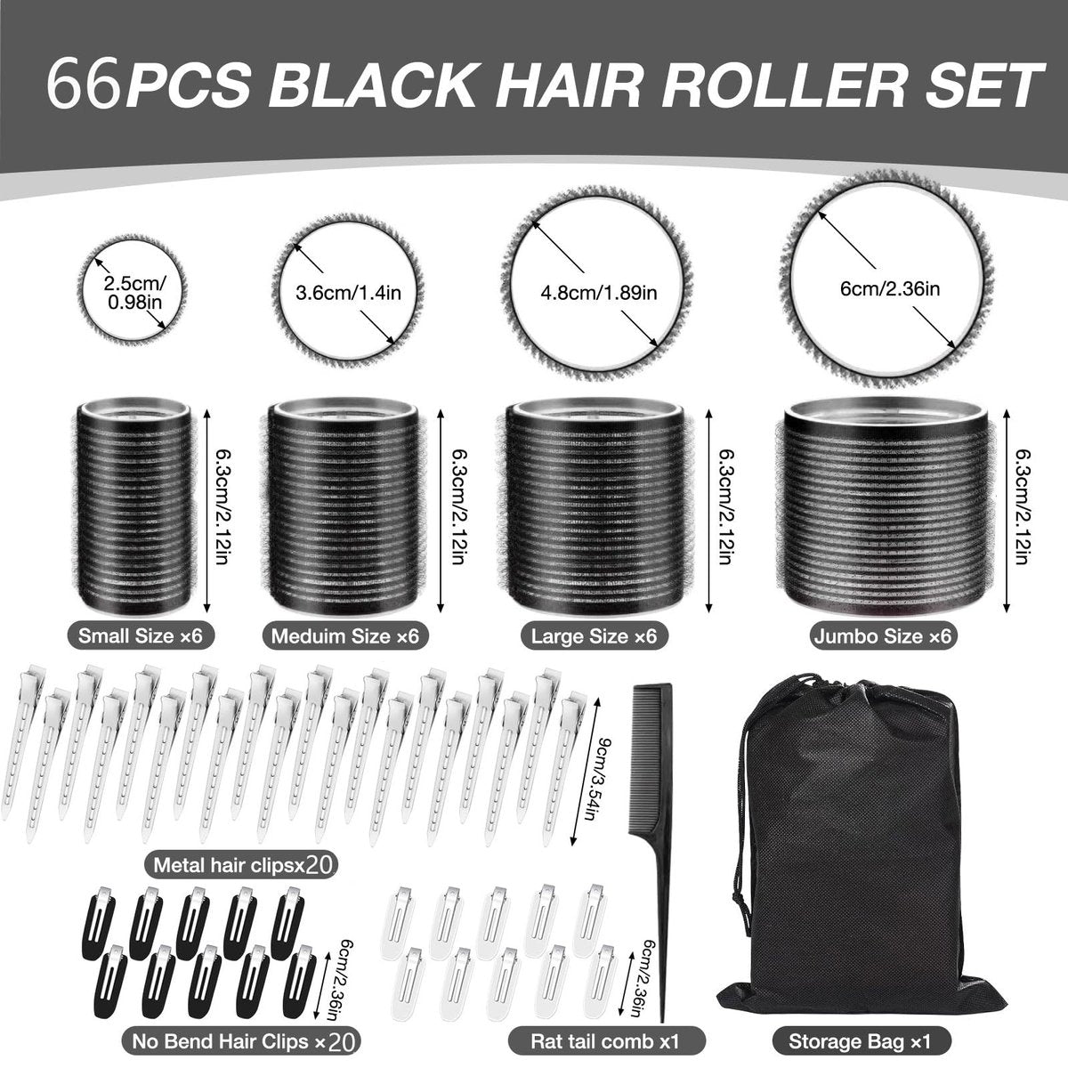 66 Pcs Hair Rollers for Women – Self Grip Rollers with Clips, 4 Sizes (60/48/36/25 mm) for Long, Medium & Short Hair, Includes Storage Bag and Comb - görsel 3