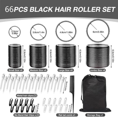 66 Pcs Hair Rollers for Women – Self Grip Rollers with Clips, 4 Sizes (60/48/36/25 mm) for Long, Medium & Short Hair, Includes Storage Bag and Comb