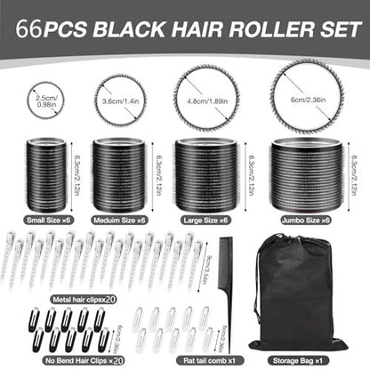 66 Pcs Hair Rollers for Women – Self Grip Rollers with Clips, 4 Sizes (60/48/36/25 mm) for Long, Medium & Short Hair, Includes Storage Bag and Comb