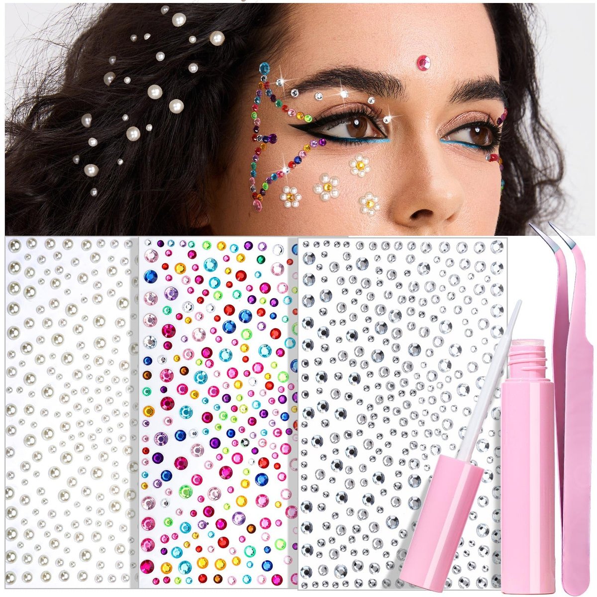 YGDZ Face Gems with Face Makeup Glue for Rhinestones - Multicolor Glass Face Jewels Stickers, Body Glue for Skin, Self Adhesive Rhinestones for Nail Art, Crafts - görsel 1