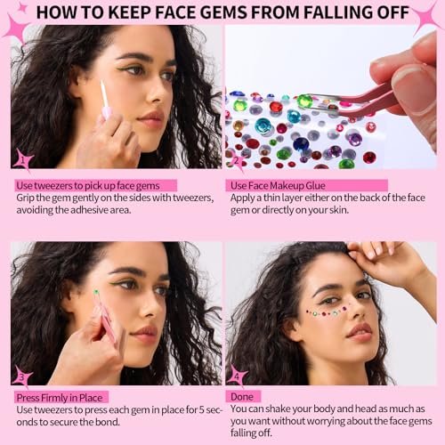YGDZ Face Gems with Face Makeup Glue for Rhinestones - Multicolor Glass Face Jewels Stickers, Body Glue for Skin, Self Adhesive Rhinestones for Nail Art, Crafts - görsel 14