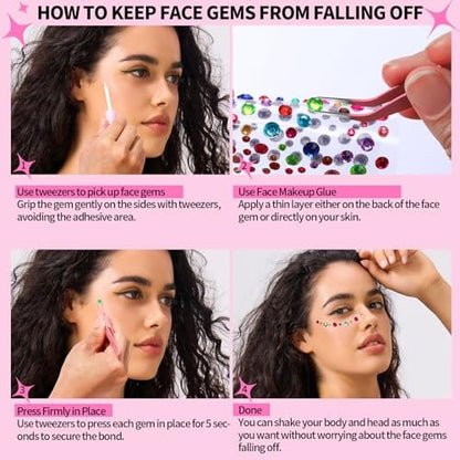 YGDZ Face Gems with Face Makeup Glue for Rhinestones - Multicolor Glass Face Jewels Stickers, Body Glue for Skin, Self Adhesive Rhinestones for Nail Art, Crafts