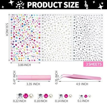 YGDZ Face Gems with Face Makeup Glue for Rhinestones - Multicolor Glass Face Jewels Stickers, Body Glue for Skin, Self Adhesive Rhinestones for Nail Art, Crafts