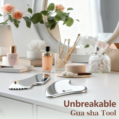 2-Pack Stainless Steel Gua Sha Facial Tools for Jaw Lift, Lymphatic Drainage & Skin Tightening - Silver Avelisse