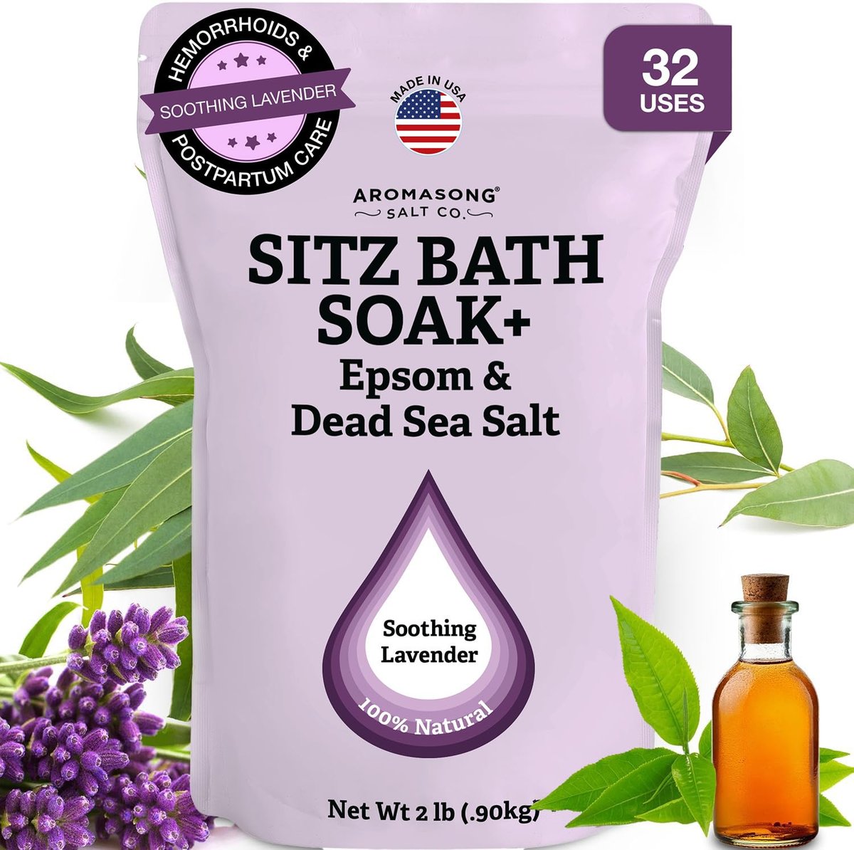 Aromasong Sitz Bath Soak 2lb – Dead Sea & Epsom Salt Soak for Hemorrhoid & Postpartum Care, with Lavender, Chamomile & Tea Tree, Natural Sitz Bath Salts, Made in USA Avelisse