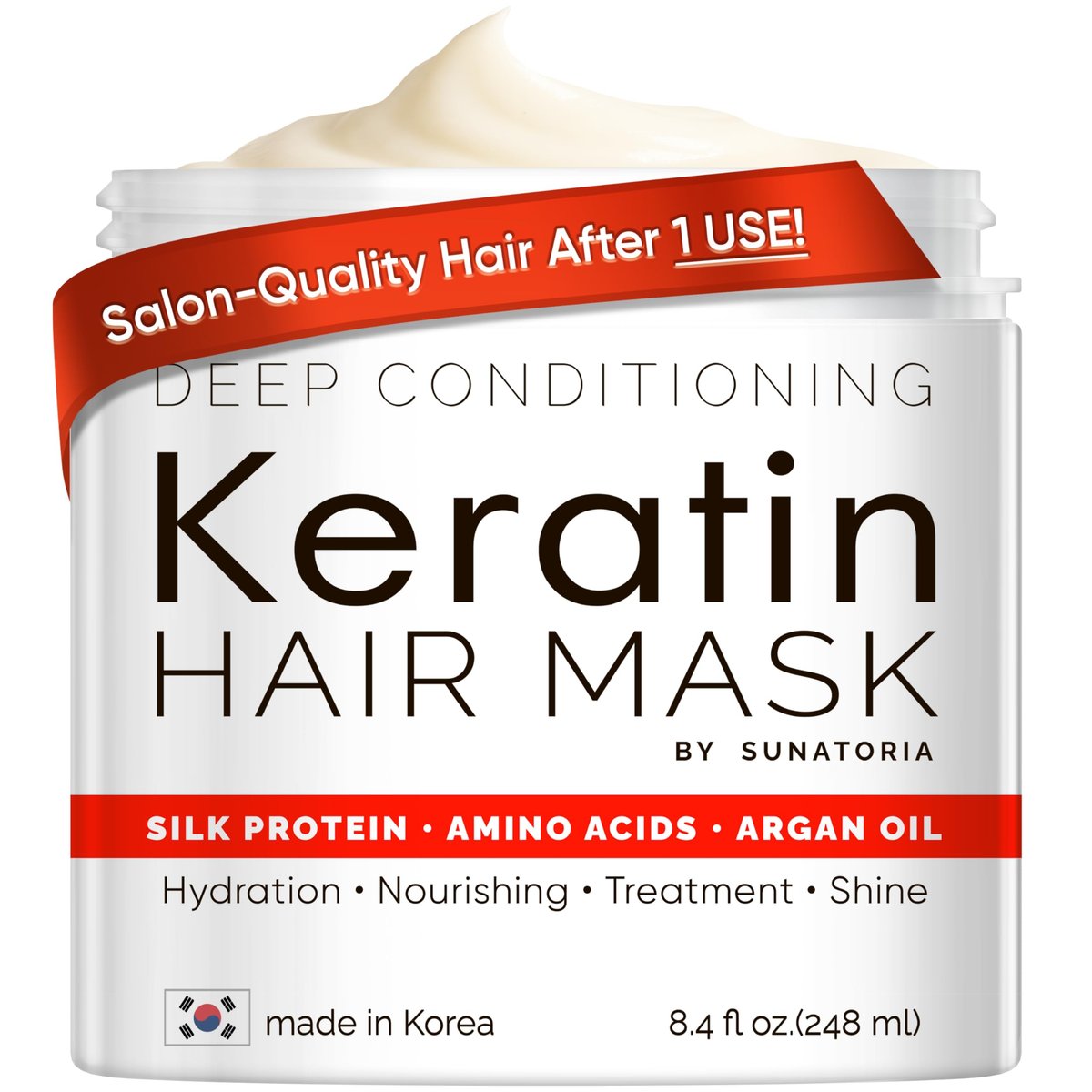 SUNATORIA Korean Keratin Hair Mask for Damaged Hair - Deep Conditioning Treatment with Hydrolyzed Silk, Argan Oil & 8 Amino Acids | Strengthens, Smooths & Nourishes, Sulfate-Free | 8.4 fl oz Avelisse