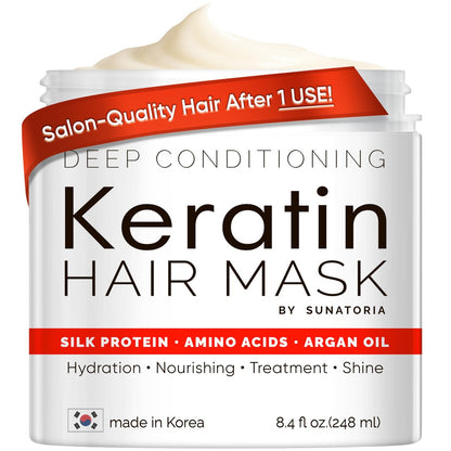 SUNATORIA Korean Keratin Hair Mask for Damaged Hair - Deep Conditioning Treatment with Hydrolyzed Silk, Argan Oil & 8 Amino Acids | Strengthens, Smooths & Nourishes, Sulfate-Free | 8.4 fl oz Avelisse