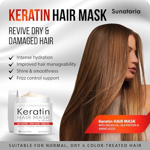SUNATORIA Korean Keratin Hair Mask for Damaged Hair - Deep Conditioning Treatment with Hydrolyzed Silk, Argan Oil & 8 Amino Acids | Strengthens, Smooths & Nourishes, Sulfate-Free | 8.4 fl oz Avelisse