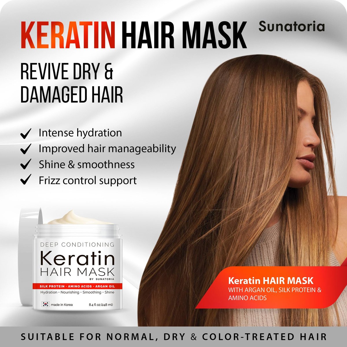 SUNATORIA Korean Keratin Hair Mask for Damaged Hair - Deep Conditioning Treatment with Hydrolyzed Silk, Argan Oil & 8 Amino Acids | Strengthens, Smooths & Nourishes, Sulfate-Free | 8.4 fl oz Avelisse