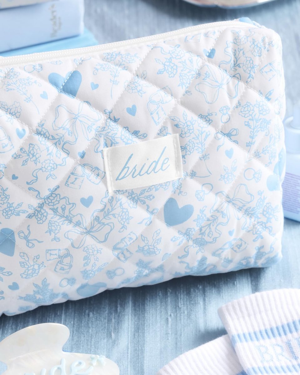 xo, Fetti Bride Cosmetic Bag - Quilted Something Blue | Bachelorette Gift, Bridal Shower Toiletry, Travel Makeup Bag Avelisse
