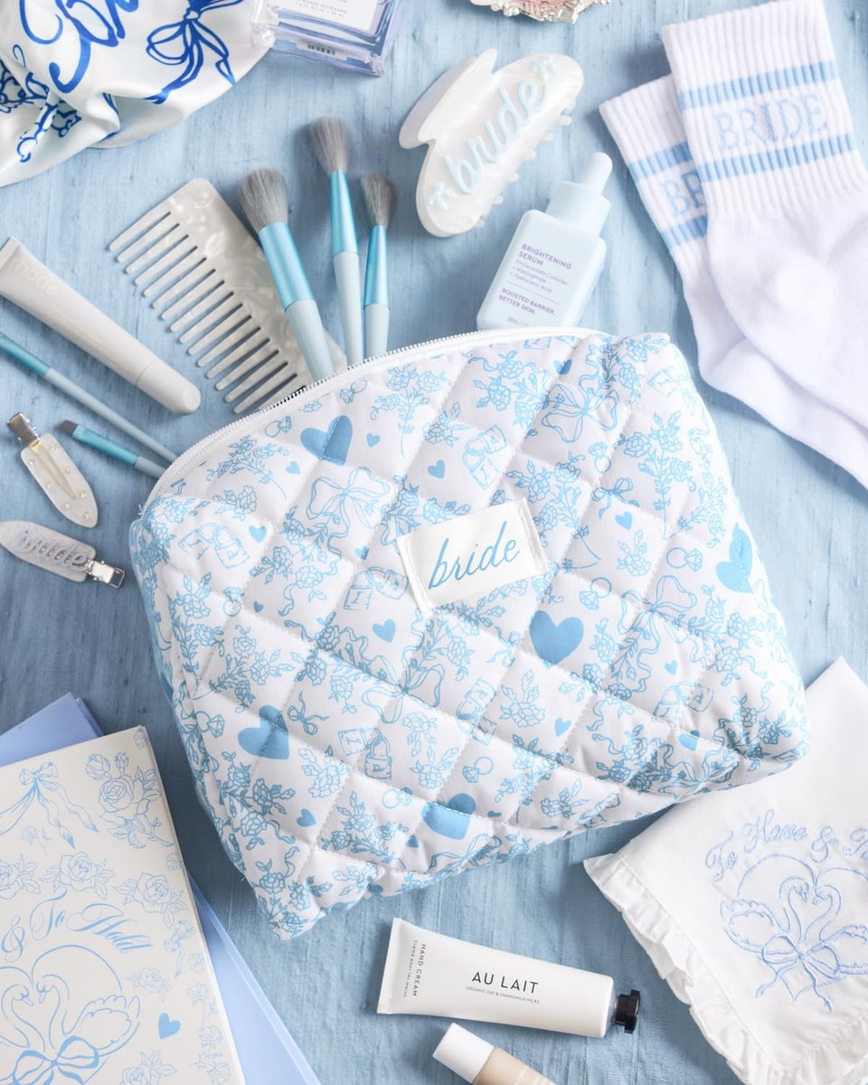 xo, Fetti Bride Cosmetic Bag - Quilted Something Blue | Bachelorette Gift, Bridal Shower Toiletry, Travel Makeup Bag Avelisse