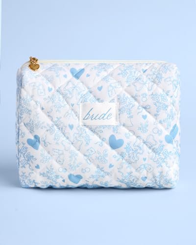 xo, Fetti Bride Cosmetic Bag - Quilted Something Blue | Bachelorette Gift, Bridal Shower Toiletry, Travel Makeup Bag Avelisse