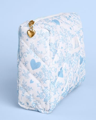 xo, Fetti Bride Cosmetic Bag - Quilted Something Blue | Bachelorette Gift, Bridal Shower Toiletry, Travel Makeup Bag Avelisse