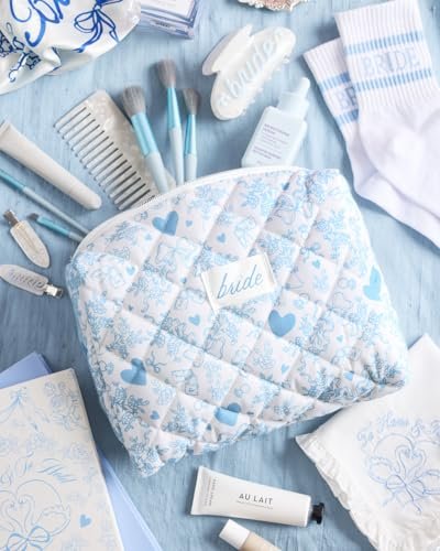 xo, Fetti Bride Cosmetic Bag - Quilted Something Blue | Bachelorette Gift, Bridal Shower Toiletry, Travel Makeup Bag Avelisse