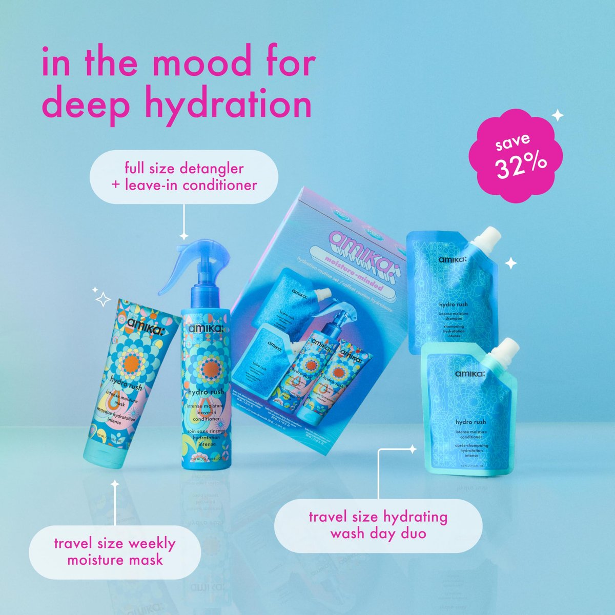 Amika Moisture-Minded Hydration Routine Set – Travel-Sized Shampoo & Conditioner for Dry Hair Avelisse