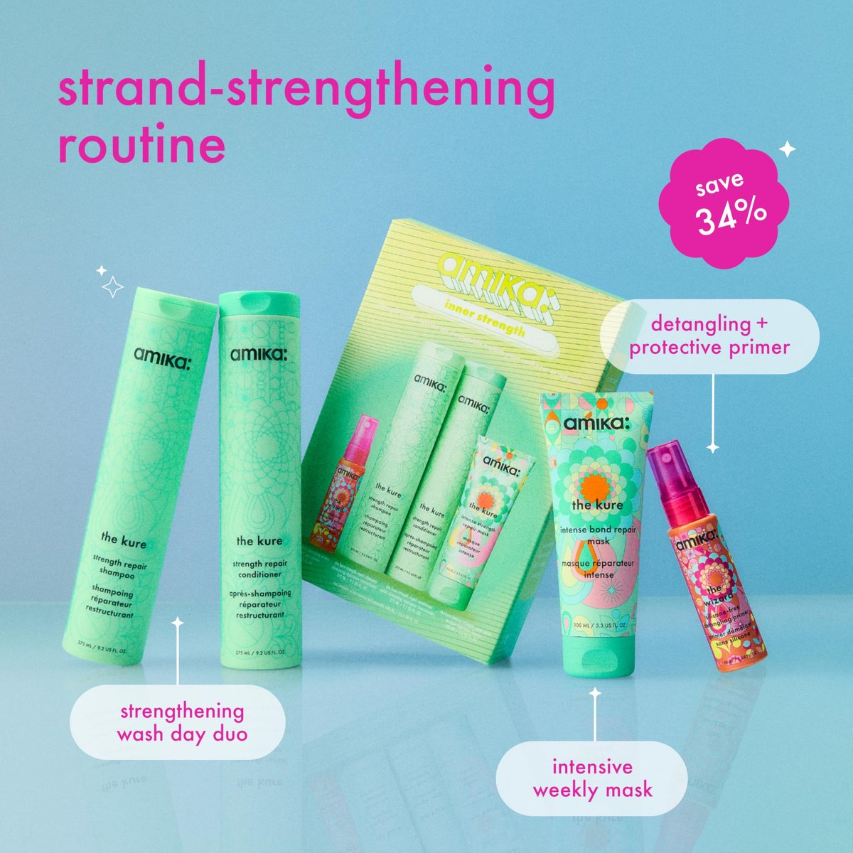 Amika Inner Strength Repair Routine Set – Shampoo, Conditioner & Treatment for Dry, Damaged Hair Avelisse