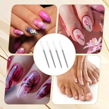 4pcs Diamond Dust Double Sided Stainless Steel Nail Files with Sharp Pointed Tip - Professional Manicure Pedicure Tools for Fingernail & Toenail