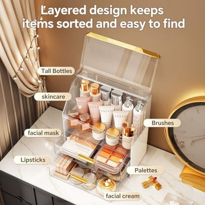 Clear 3-Tier Makeup Organizer Countertop with Lid - Ducoak Acrylic Skincare Storage for Vanity, Bathroom & Desk Avelisse