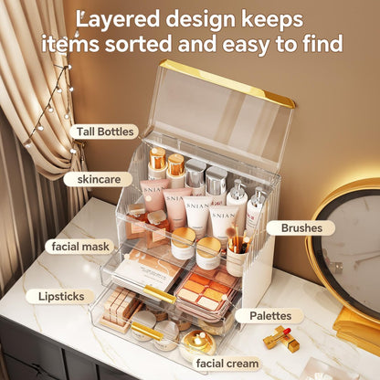 Clear 3-Tier Makeup Organizer Countertop with Lid - Ducoak Acrylic Skincare Storage for Vanity, Bathroom & Desk Avelisse