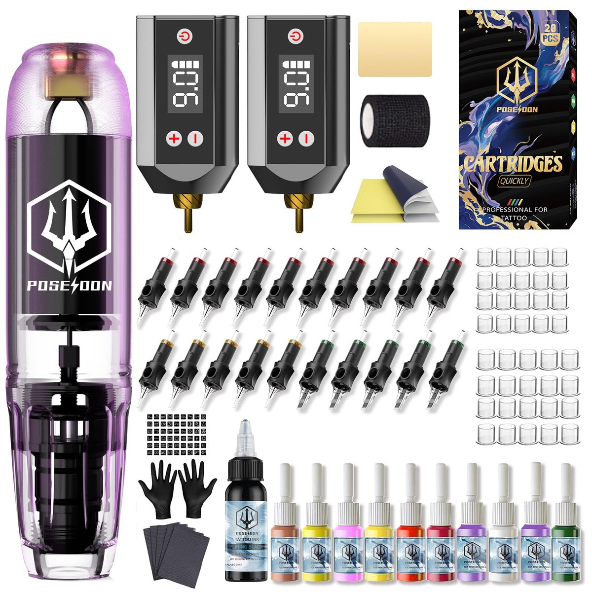 POSEIDON Tattoo Kit for Beginners – Complete Tattoo Gun Kit with 2 Power Supplies, 11 Inks & 20 Needles Avelisse