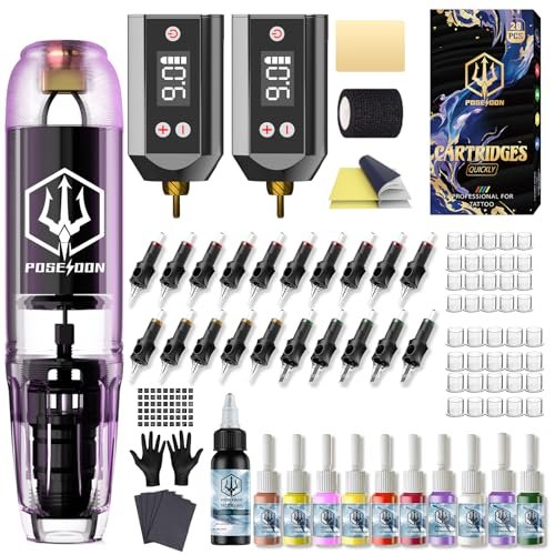 POSEIDON Tattoo Kit for Beginners – Complete Tattoo Gun Kit with 2 Power Supplies, 11 Inks & 20 Needles Avelisse
