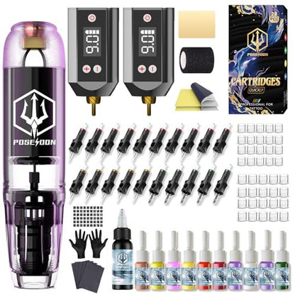POSEIDON Tattoo Kit for Beginners – Complete Tattoo Gun Kit with 2 Power Supplies, 11 Inks & 20 Needles Avelisse