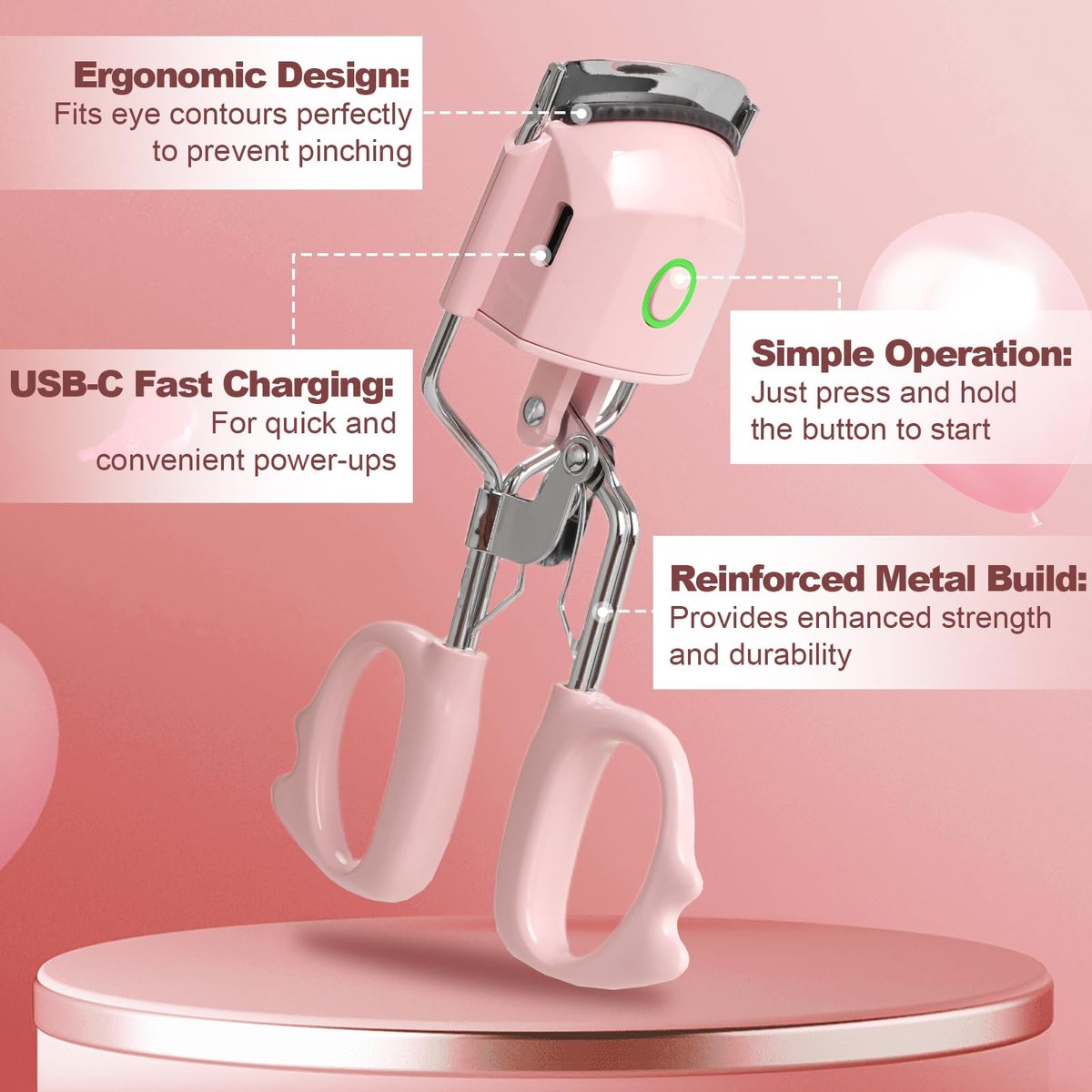 Heated Eyelash Curler Fast Heat Up in 15s, Electric Lash Curler with 2 Temperature Modes for 24H Long-Lasting Curls, Type-C Rechargeable, Quick Natural Curling Eye Lashes (Pink) Avelisse