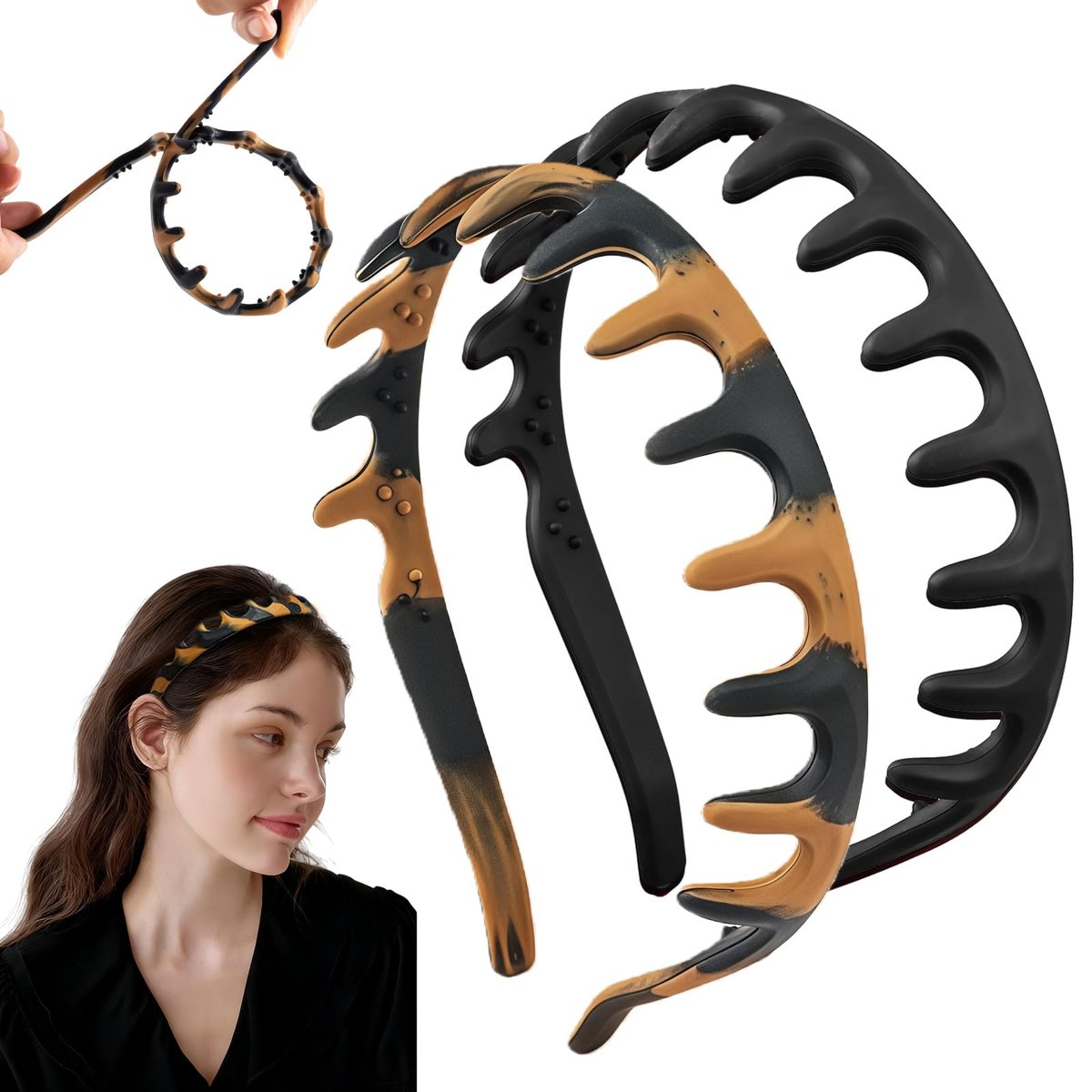 rytopt 2-Pack Toothed Non-Slip Headbands for Women - Zig Zag Silicone U-Shape Fashion Hair Headband, No Headache Design (Black Stripe) - görsel 1