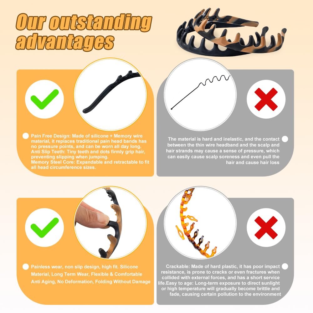 rytopt 2-Pack Toothed Non-Slip Headbands for Women - Zig Zag Silicone U-Shape Fashion Hair Headband, No Headache Design (Black Stripe) - görsel 7