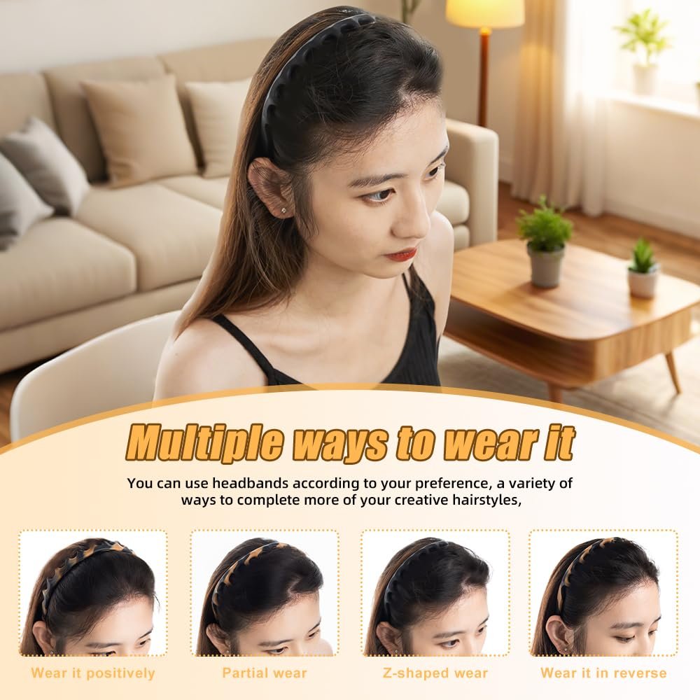 rytopt 2-Pack Toothed Non-Slip Headbands for Women - Zig Zag Silicone U-Shape Fashion Hair Headband, No Headache Design (Black Stripe) - görsel 11