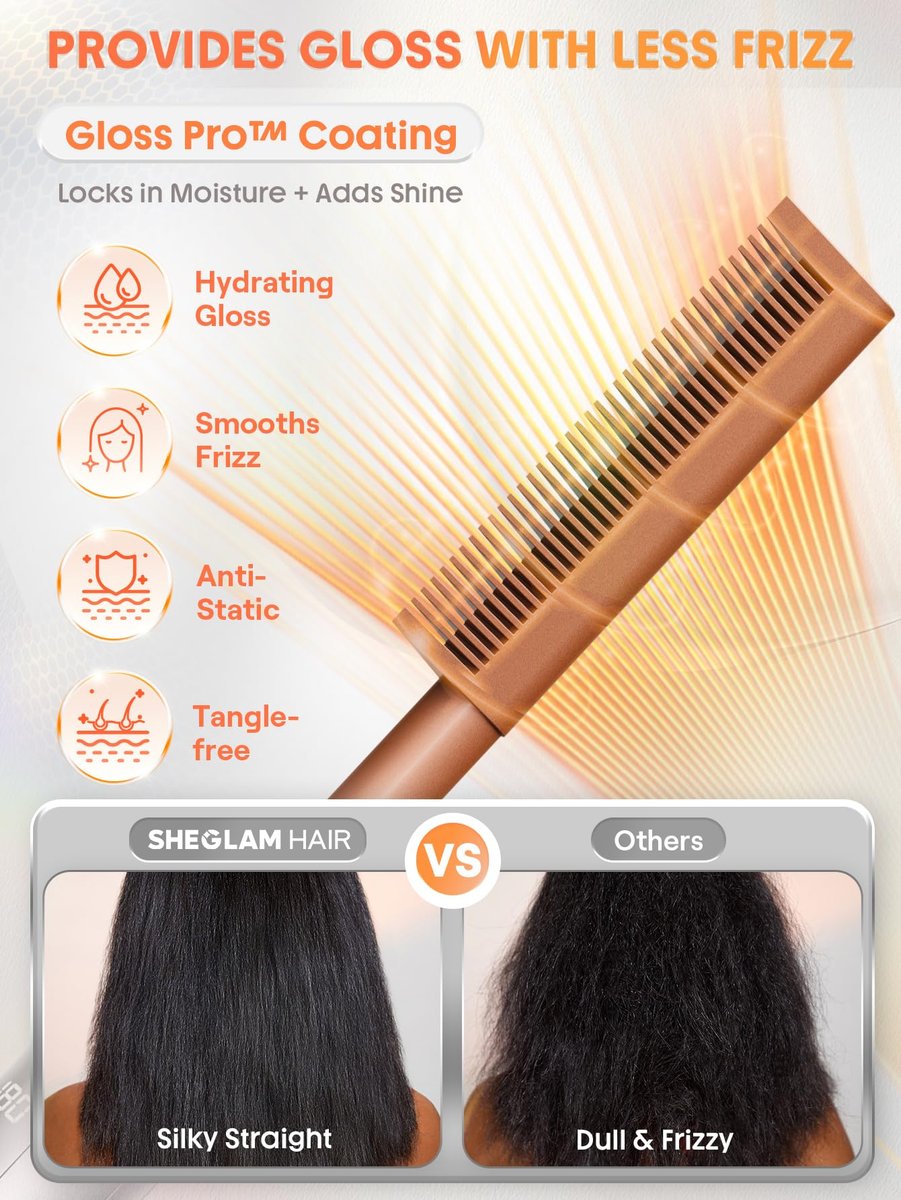 SHEGLAM Hot Comb Straightener Brush for Black Women Hair – 30s Fast Heating, 5 Temperature Settings, Dual Voltage, for Wigs, Insulated Protection Styler with Gloss Pro™ Coating Avelisse
