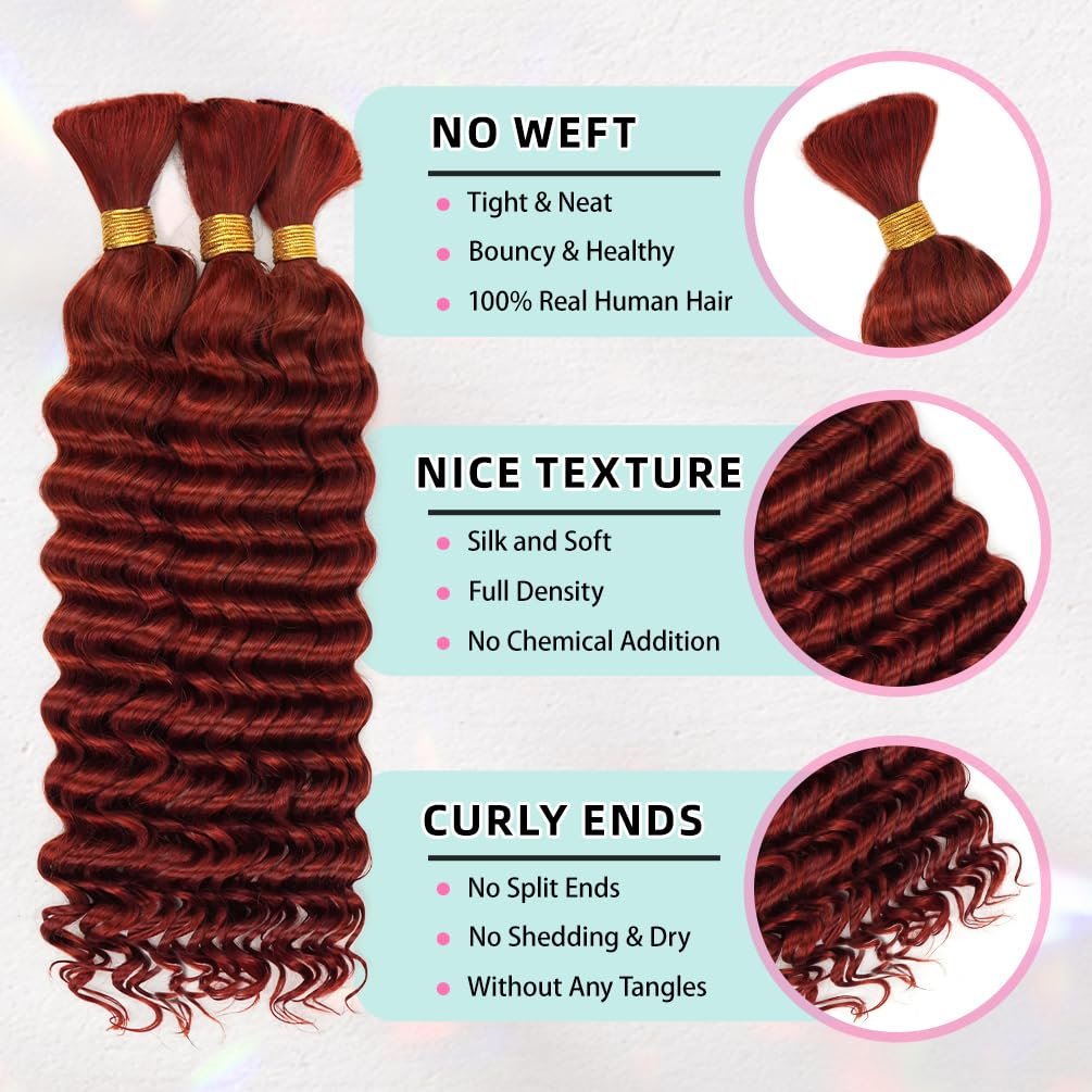22 Inch Deep Wave Human Braiding Hair for Boho Braids - 50g 1 Bundle/Pack Pink 100% Unprocessed 12A Brazilian Virgin Human Hair Bulk, No Weft, Wet & Wavy Curly Extensions - görsel 7