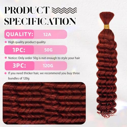 22 Inch Deep Wave Human Braiding Hair for Boho Braids - 50g 1 Bundle/Pack Pink 100% Unprocessed 12A Brazilian Virgin Human Hair Bulk, No Weft, Wet & Wavy Curly Extensions
