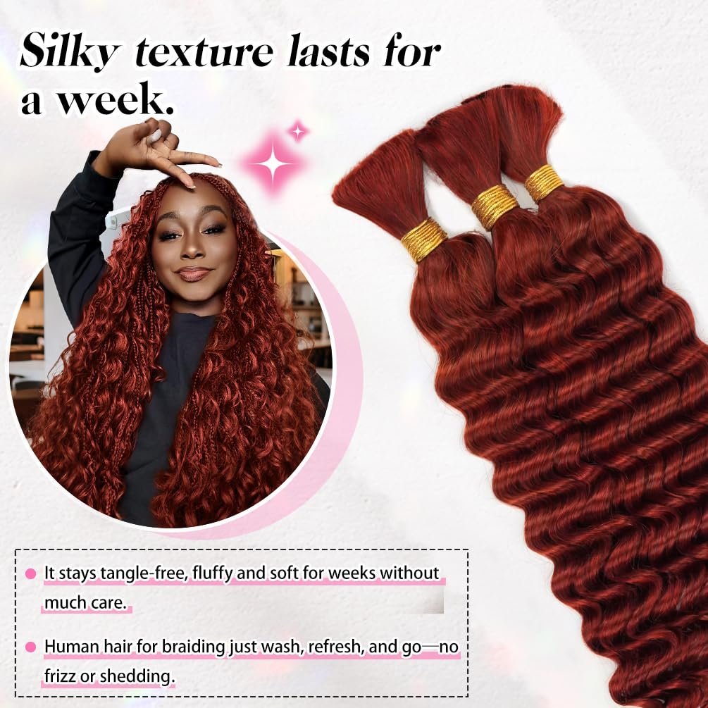 22 Inch Deep Wave Human Braiding Hair for Boho Braids - 50g 1 Bundle/Pack Pink 100% Unprocessed 12A Brazilian Virgin Human Hair Bulk, No Weft, Wet & Wavy Curly Extensions - görsel 5