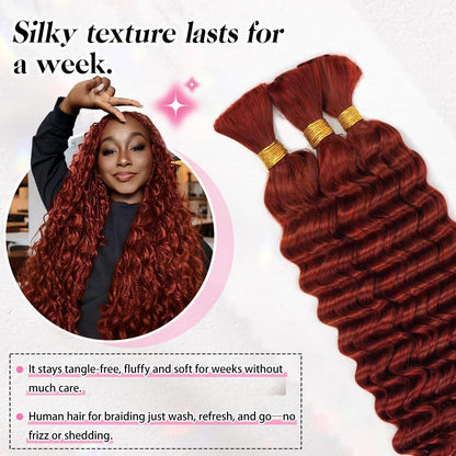 22 Inch Deep Wave Human Braiding Hair for Boho Braids - 50g 1 Bundle/Pack Pink 100% Unprocessed 12A Brazilian Virgin Human Hair Bulk, No Weft, Wet & Wavy Curly Extensions