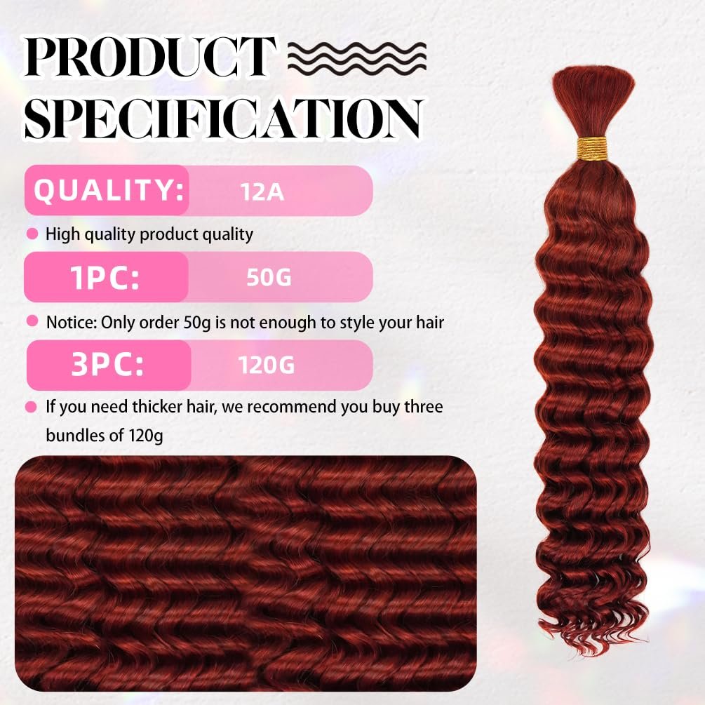 22 Inch Deep Wave Human Braiding Hair for Boho Braids - 50g 1 Bundle/Pack Pink 100% Unprocessed 12A Brazilian Virgin Human Hair Bulk, No Weft, Wet & Wavy Curly Extensions - görsel 9