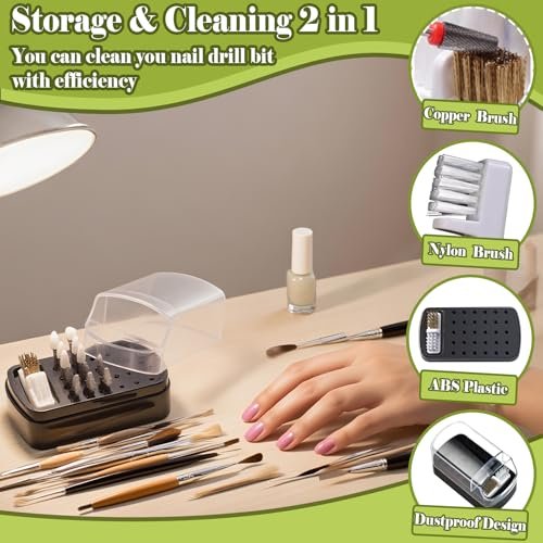 FANTEXY 2-in-1 Nail Drill Bit Holder and Cleaner Brush Case - 30 Holes Dustproof Organizer with Nylon/Copper Brushes, Large Black Manicure Tools Storage Box (Nail Drill Bits Not Included) - görsel 4