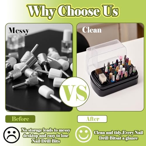 FANTEXY 2-in-1 Nail Drill Bit Holder and Cleaner Brush Case - 30 Holes Dustproof Organizer with Nylon/Copper Brushes, Large Black Manicure Tools Storage Box (Nail Drill Bits Not Included) - görsel 8