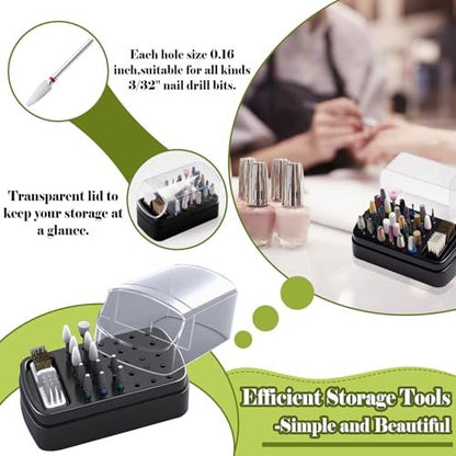 FANTEXY 2-in-1 Nail Drill Bit Holder and Cleaner Brush Case - 30 Holes Dustproof Organizer with Nylon/Copper Brushes, Large Black Manicure Tools Storage Box (Nail Drill Bits Not Included)