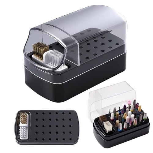 FANTEXY 2-in-1 Nail Drill Bit Holder and Cleaner Brush Case - 30 Holes Dustproof Organizer with Nylon/Copper Brushes, Large Black Manicure Tools Storage Box (Nail Drill Bits Not Included) - görsel 2