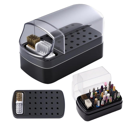 FANTEXY 2-in-1 Nail Drill Bit Holder and Cleaner Brush Case - 30 Holes Dustproof Organizer with Nylon/Copper Brushes, Large Black Manicure Tools Storage Box (Nail Drill Bits Not Included)