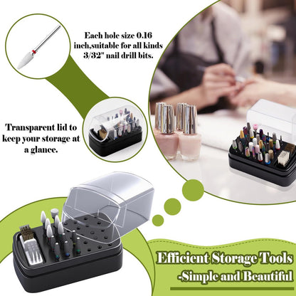 FANTEXY 2-in-1 Nail Drill Bit Holder and Cleaner Brush Case - 30 Holes Dustproof Organizer with Nylon/Copper Brushes, Large Black Manicure Tools Storage Box (Nail Drill Bits Not Included)
