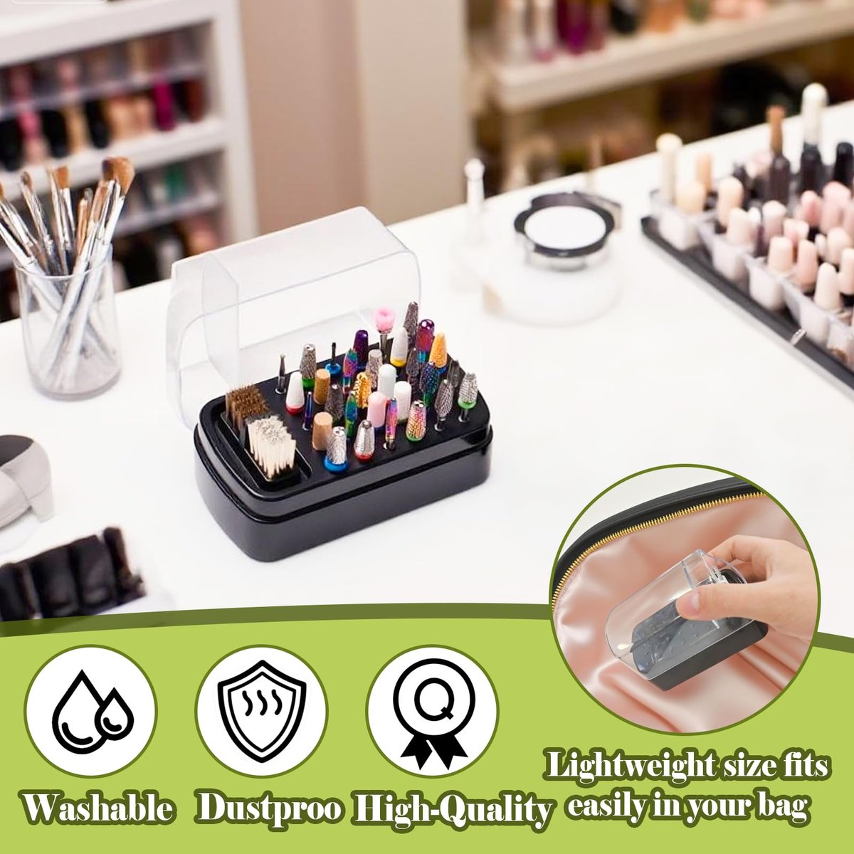 FANTEXY 2-in-1 Nail Drill Bit Holder and Cleaner Brush Case - 30 Holes Dustproof Organizer with Nylon/Copper Brushes, Large Black Manicure Tools Storage Box (Nail Drill Bits Not Included) - görsel 9
