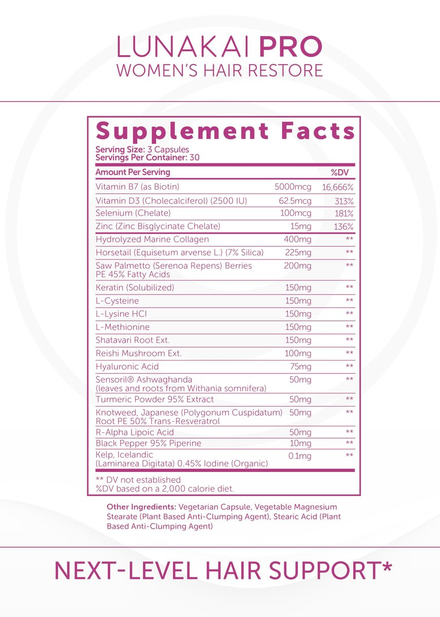 Lunakai USA Made Hair Growth Supplement for Women - Advanced 20 Nutrient with Marine Collagen, Saw Palmetto, Biotin & Keratin - Daily Hair Vitamins for Thicker Strands - 90 Capsules Avelisse