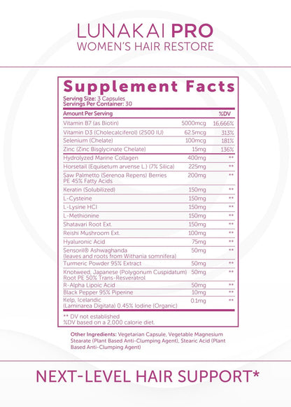 Lunakai USA Made Hair Growth Supplement for Women - Advanced 20 Nutrient with Marine Collagen, Saw Palmetto, Biotin & Keratin - Daily Hair Vitamins for Thicker Strands - 90 Capsules Avelisse