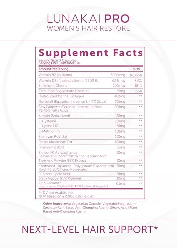 Lunakai USA Made Hair Growth Supplement for Women - Advanced 20 Nutrient with Marine Collagen, Saw Palmetto, Biotin & Keratin - Daily Hair Vitamins for Thicker Strands - 90 Capsules Avelisse