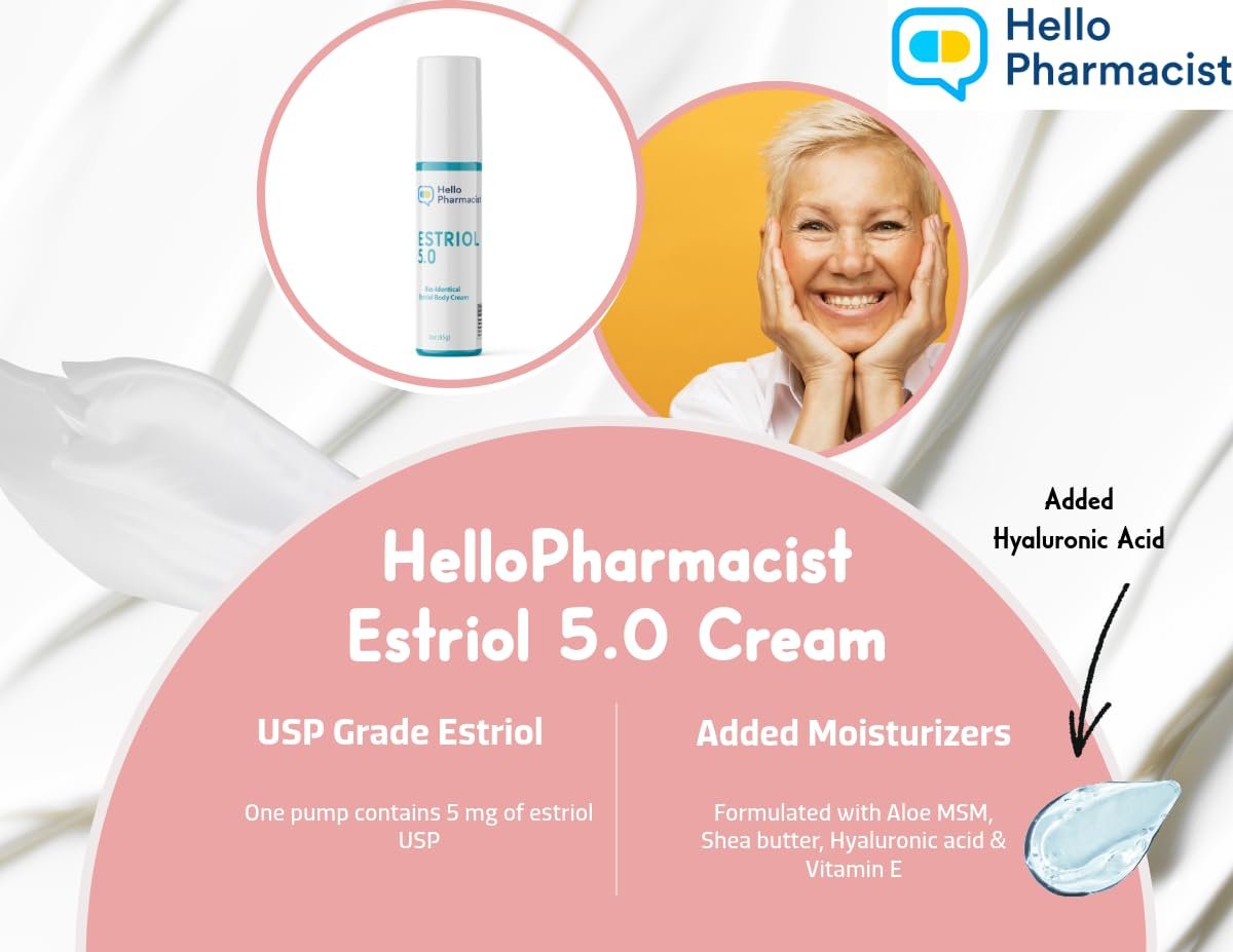 HelloPharmacist Natural Bioidentical Estriol 5.0 Professional Cream for Women - Menopause Support with Hyaluronic Acid & Moisturizers - 3 oz Avelisse