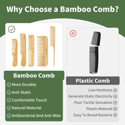 DEBETOOL 5 Pieces Bamboo Comb Set - Natural Wooden Combs for Hair Growth, Anti-Static for Curly/Thick Hair Daily Use