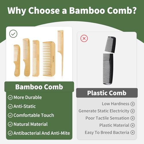 DEBETOOL 5 Pieces Bamboo Comb Set - Natural Wooden Combs for Hair Growth, Anti-Static for Curly/Thick Hair Daily Use - görsel 8